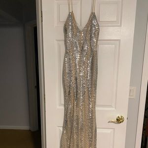 Long silver maxi prom dress